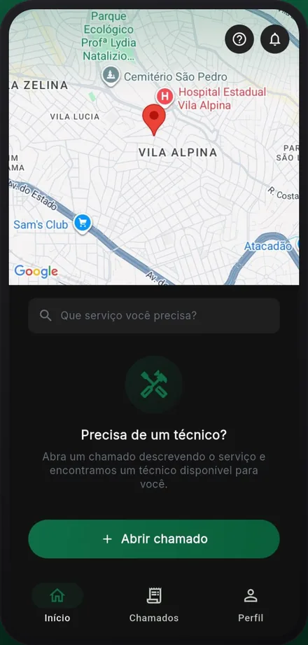 Tela inicial do FieldFix para empresas: mapa da região com a localização da unidade e o botão de abrir chamado.