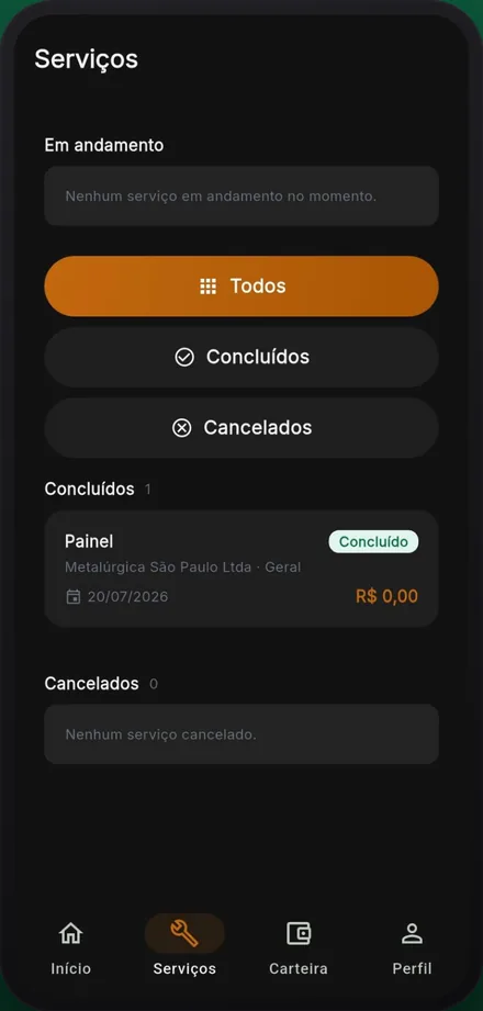Tela de serviços do técnico no FieldFix, com os filtros de status e um serviço já concluído no histórico.